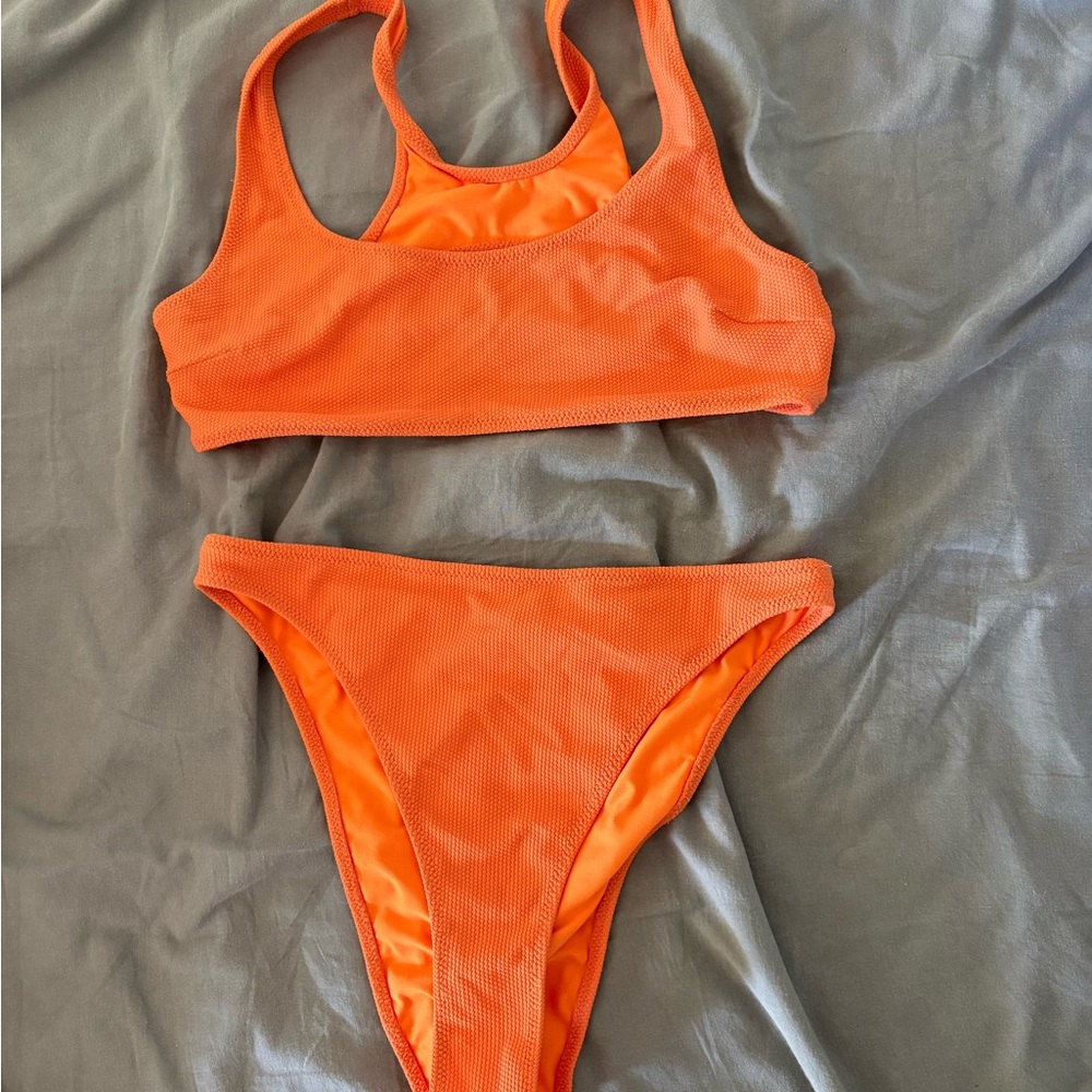 Solid and striped  Orange Textured Two-Piece Swim Set